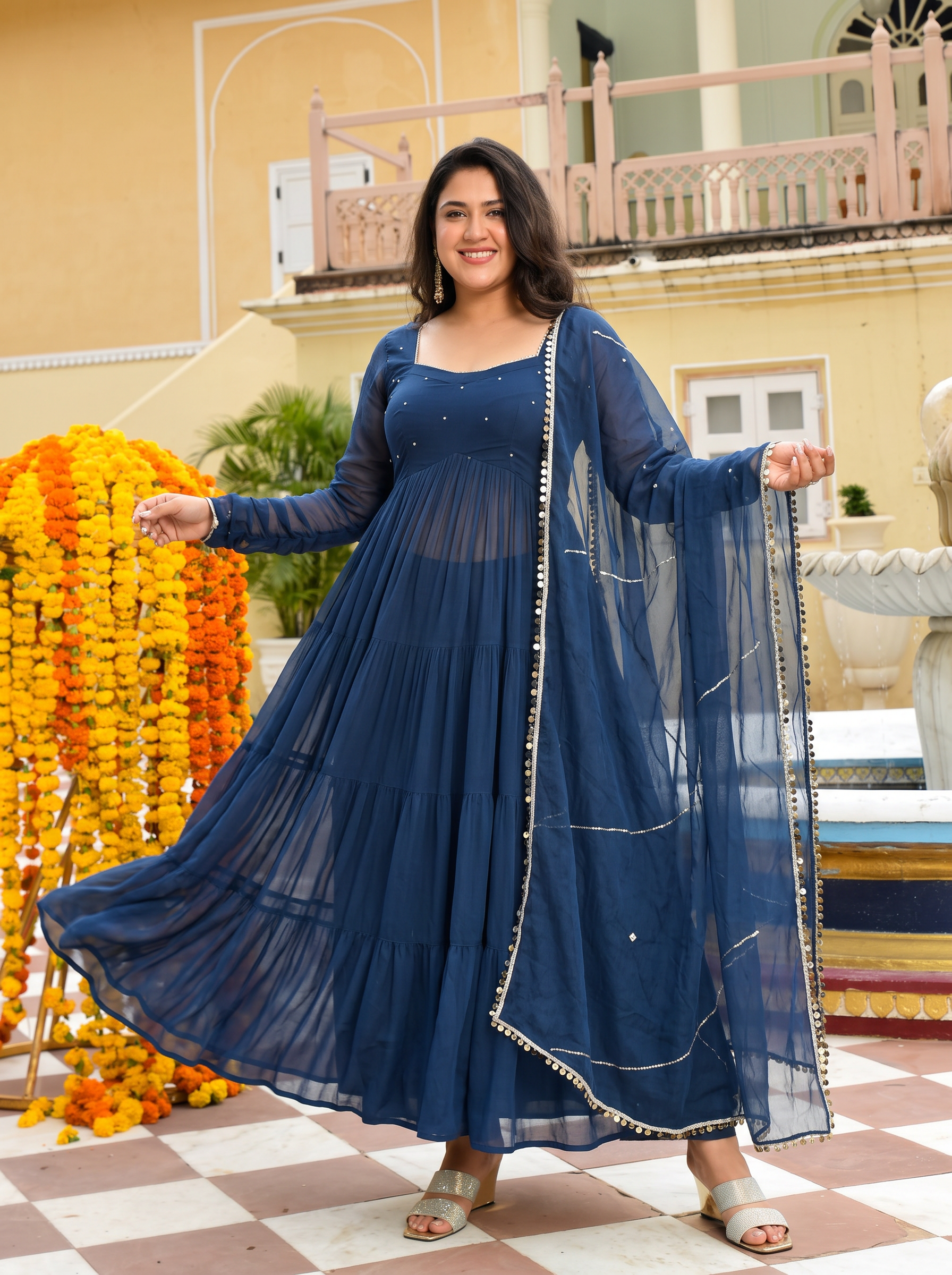 Plus Size Mihika Blue Georgette Flared Anarkali Suit Set