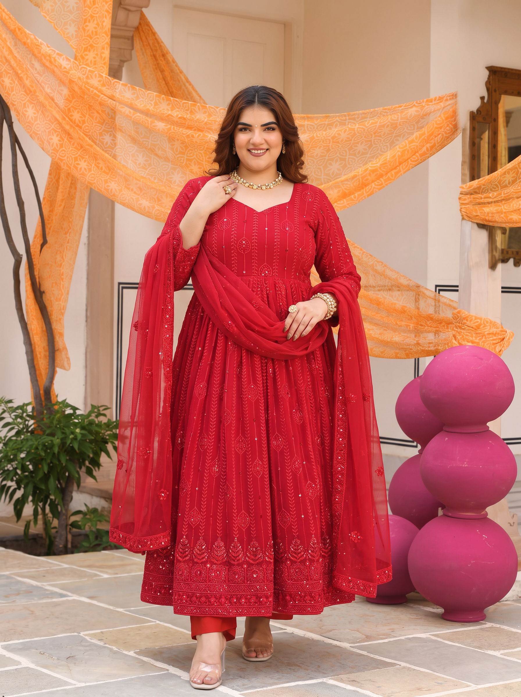 Plus Size Embellished Red Color Sequence Work Gown