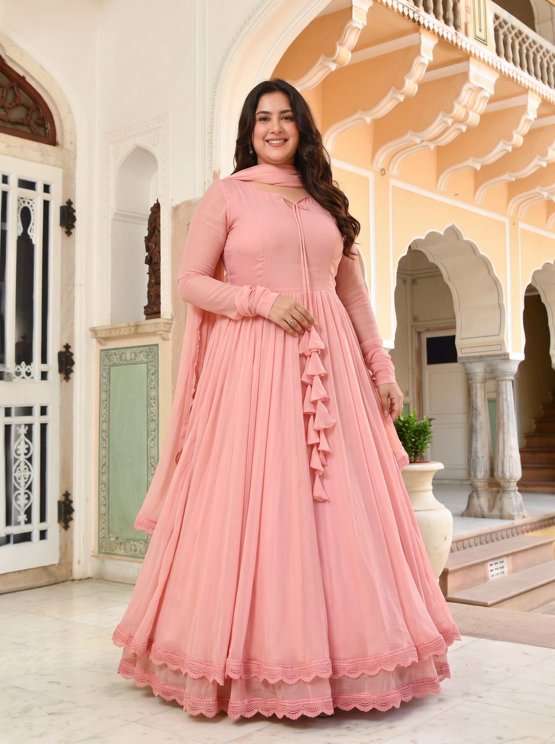 Plus Size Solid Peach Long Flair Double Layered Anarkali With Dupatta