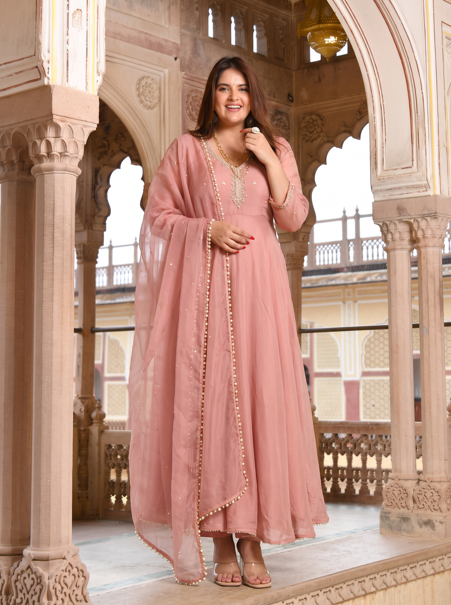 Plus Size Designer Party Wear Peach Color Exclusive Gown