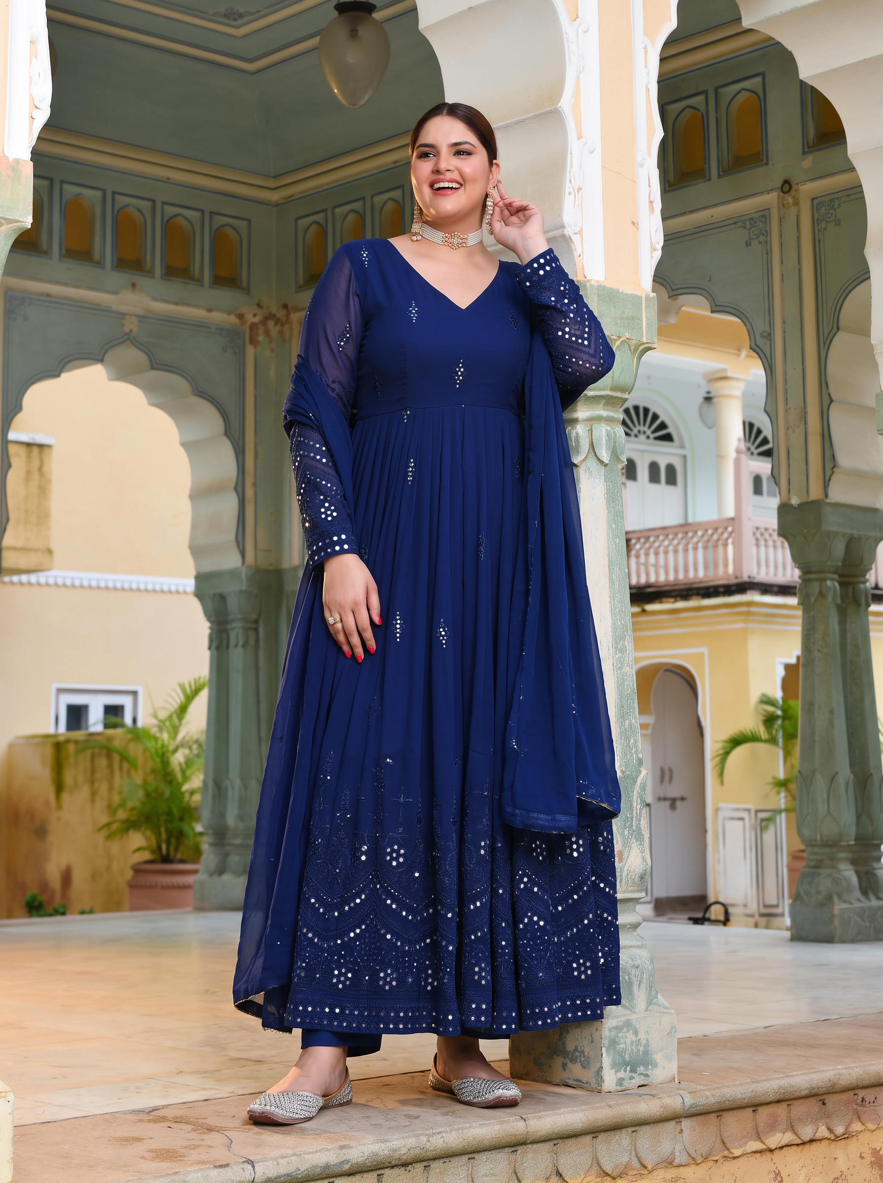 Plus Size Glimmering Blue Color Sequence Thread Work Anarkali Gown