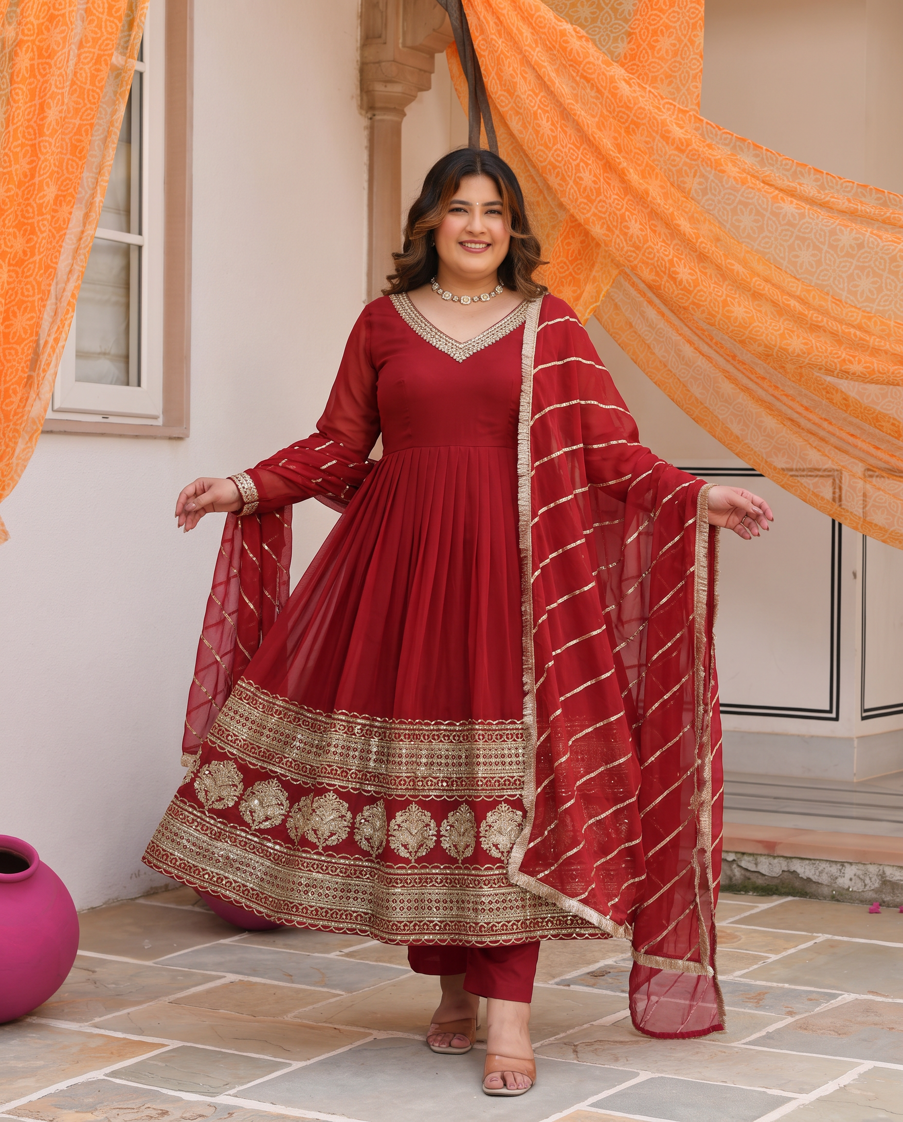 Plus Size Captivating Maroon Color Gown With Ravishing Dupatta