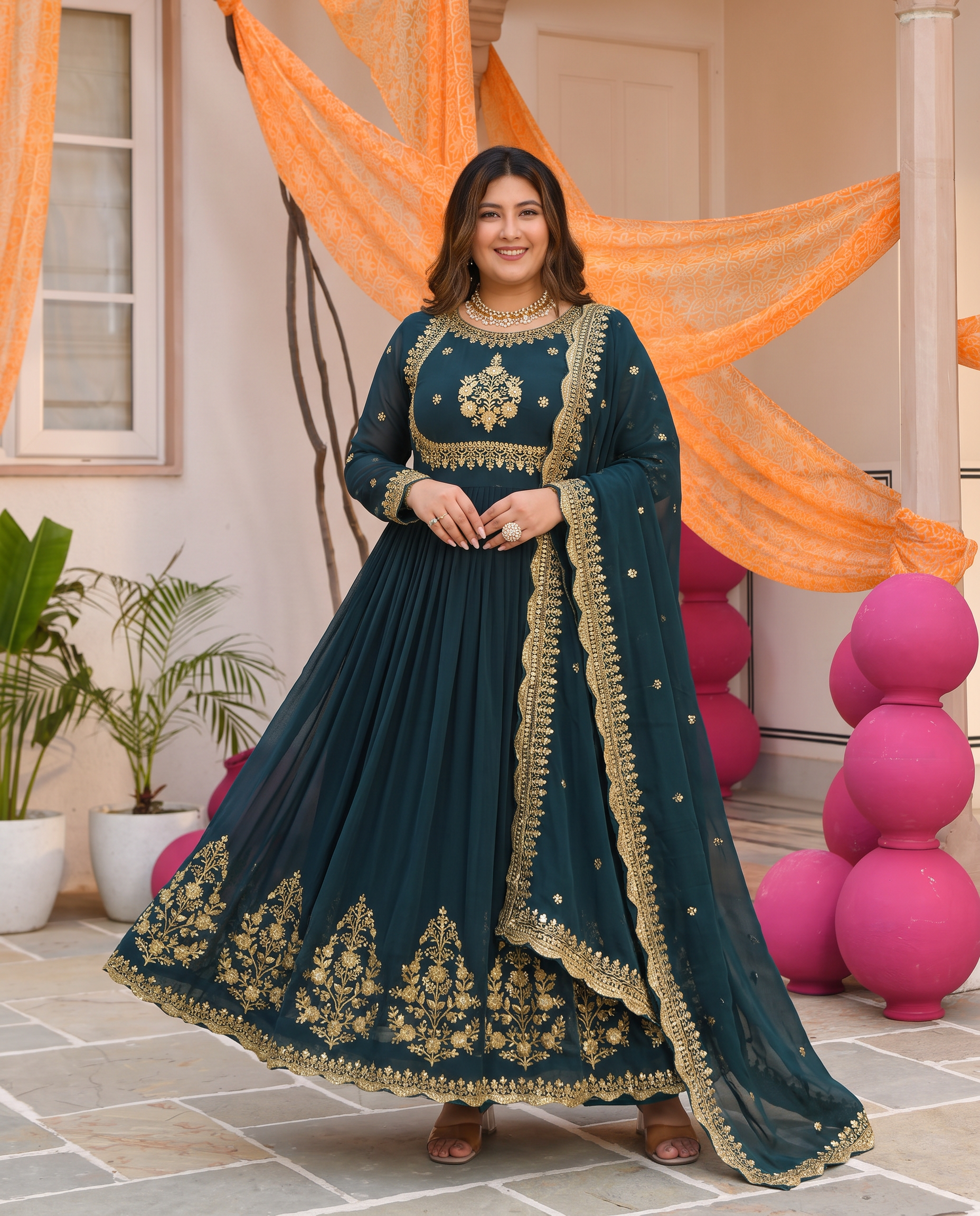 Plus Size Heavy Designer Gown in Bottle Green Georgette With Sequence Embroidery Work