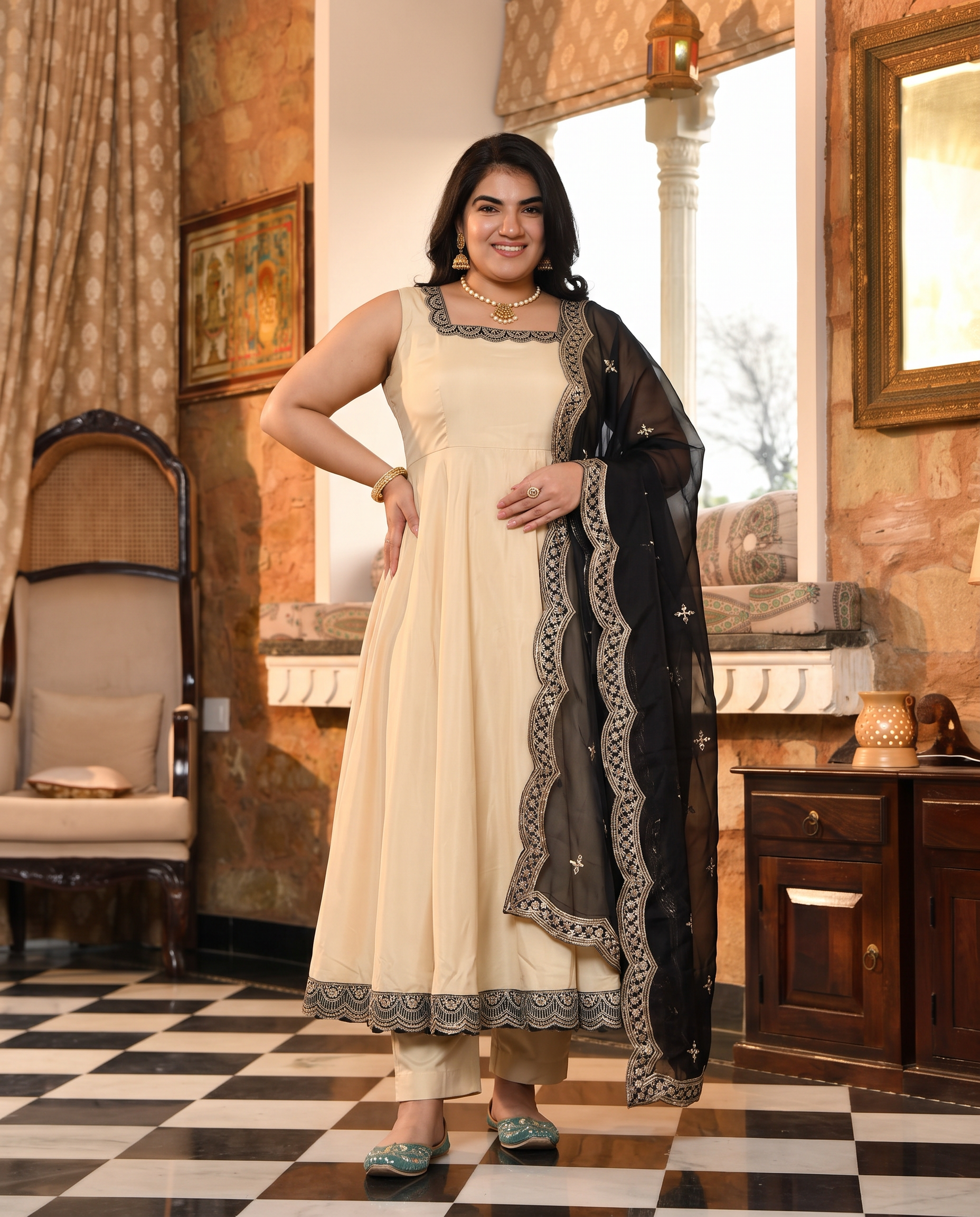 Plus Size Cream Embroidered Anarkali Suit Set with Dupatta