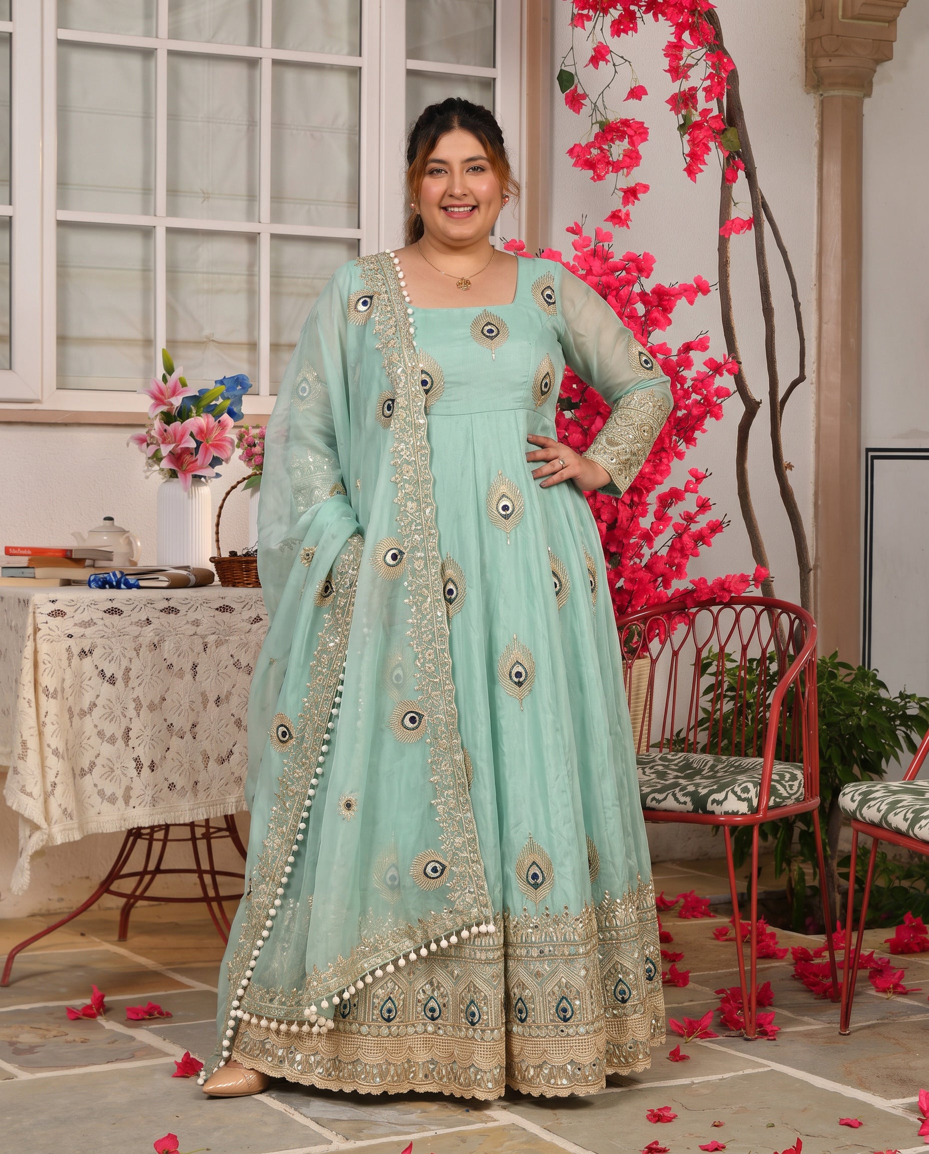 Plus Size Mint Green Fendy Silk Peacock Motif Embroidered Anarkali Gown With Dupatta