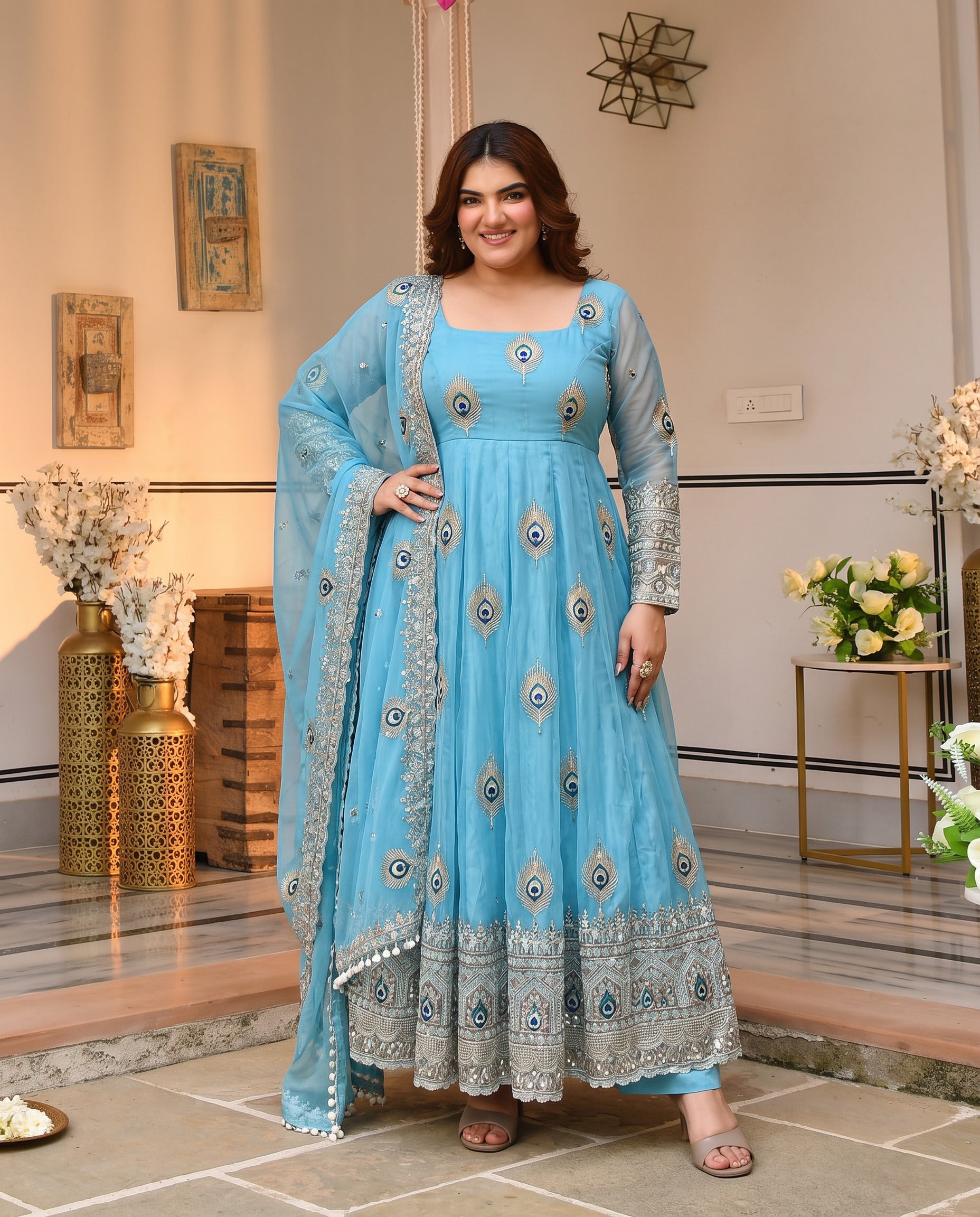 Plus Size Sky Blue Fendy Silk Peacock Motif Embroidered Anarkali Gown With Dupatta