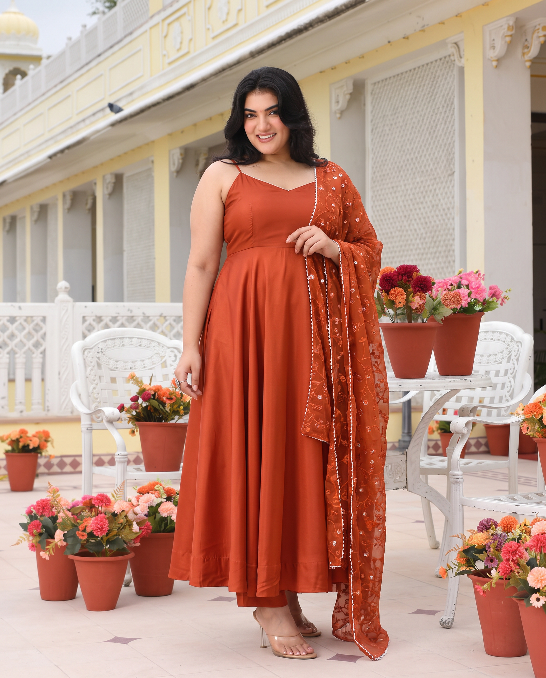 Plus Size Rust Orange French Anarkali Suit Set with Embroidered Dupatta