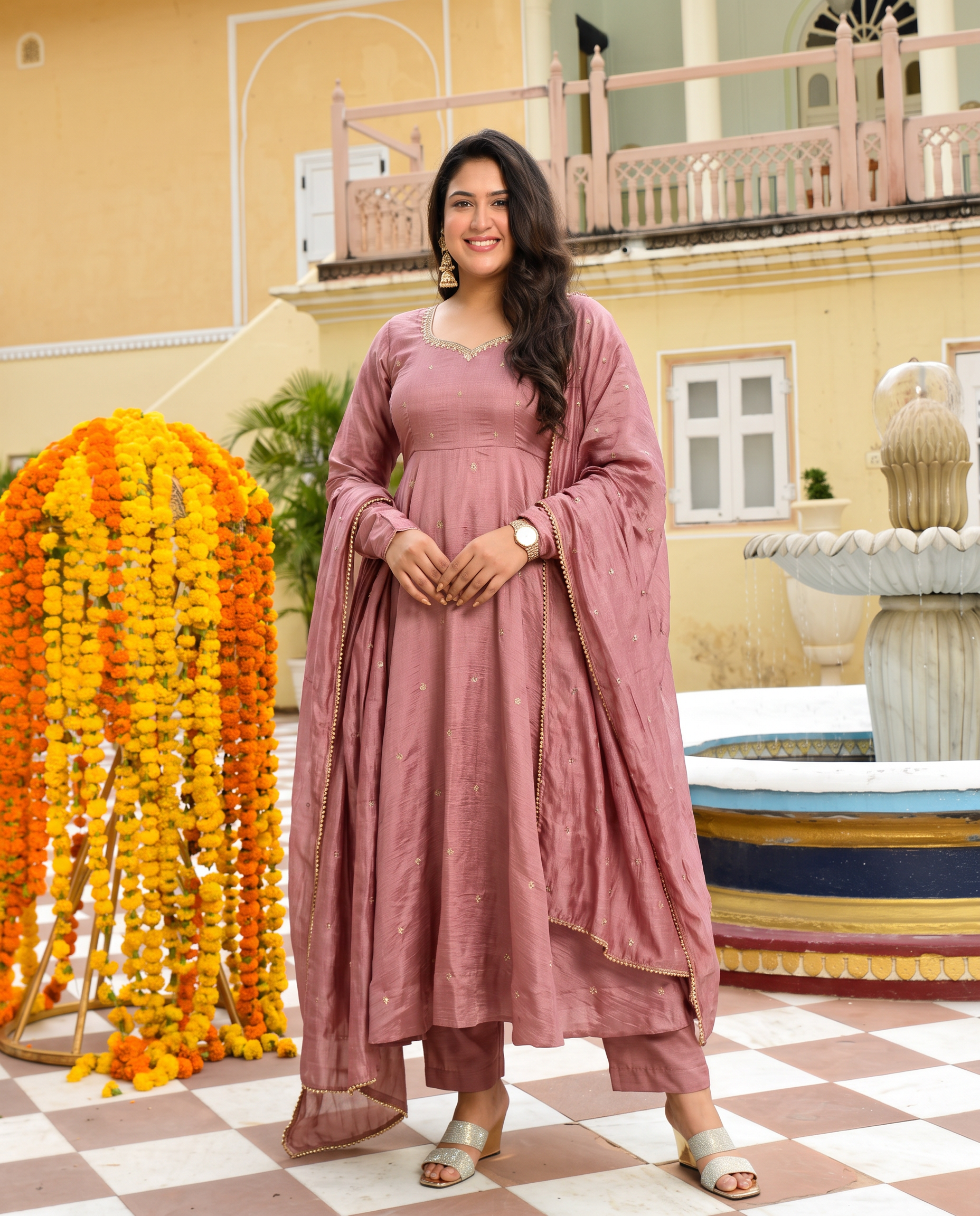 Plus Size Dusty Rose Vichitra Silk Embroidered Anarkali Suit Set with Dupatta