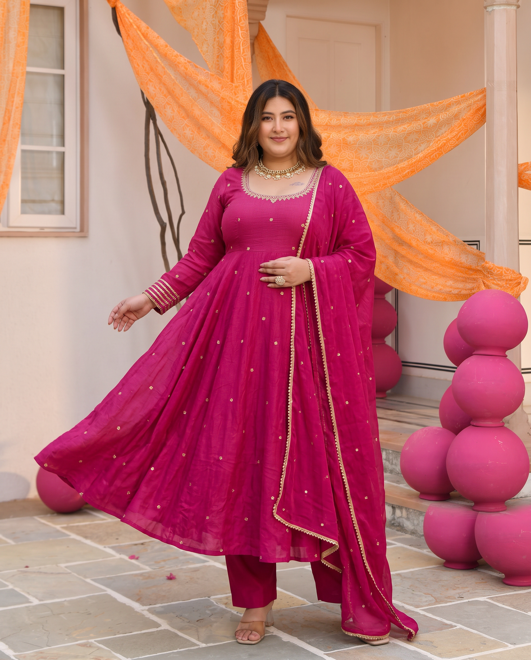 Plus Size Rani Pink Embroidered Anarkali Suit Set With Dupatta – Wedding & Festive Wear