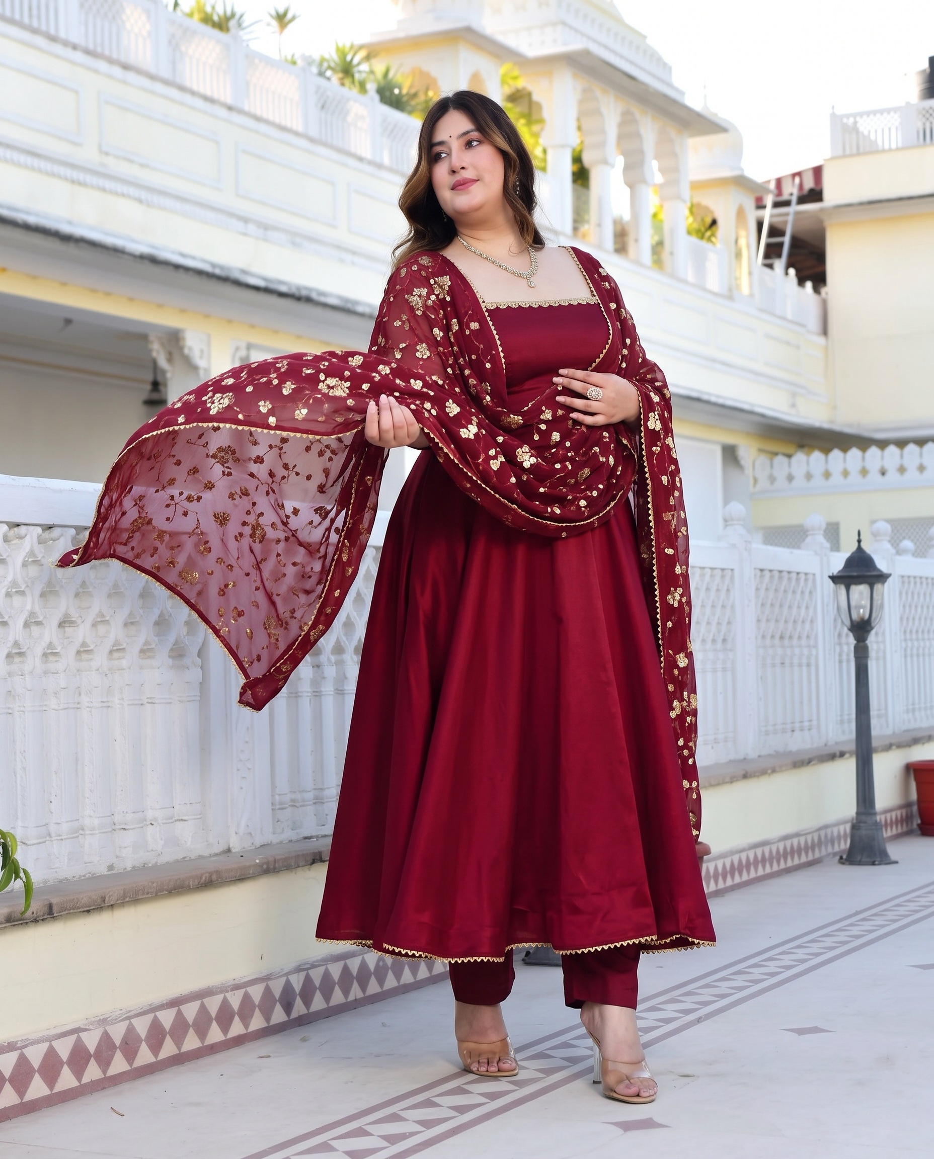 Plus Size Maroon Heavy Faux Georgette Anarkali Gown With Embroidery Sequence Work Dupatta