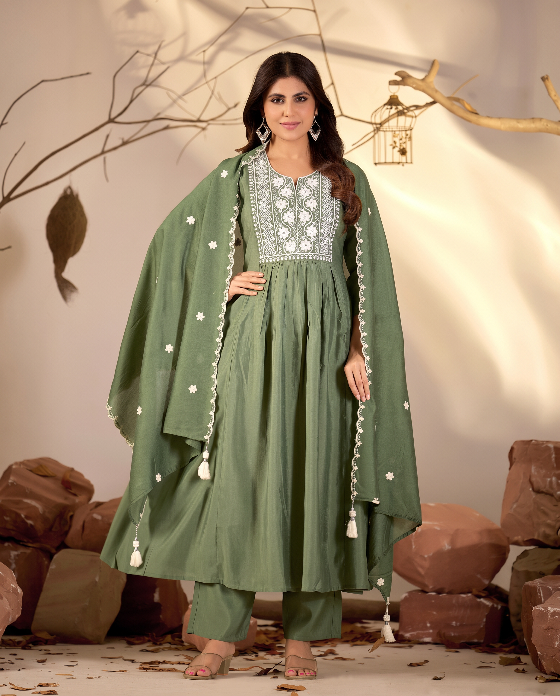 Olive Green Flared Anarkali Suit with White Embroidered Yoke