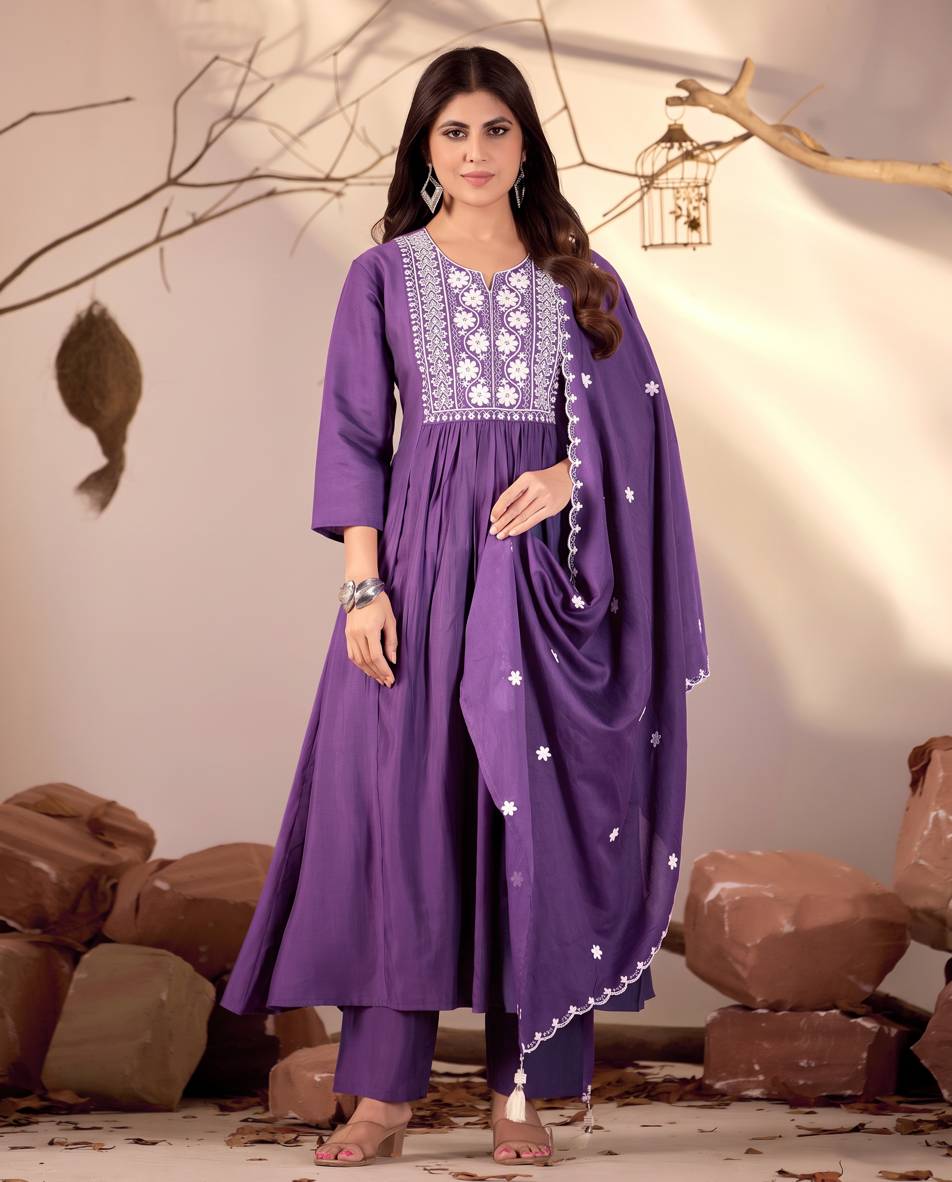 Purple Flared Anarkali Kurta Set with White Chikankari Embroidery