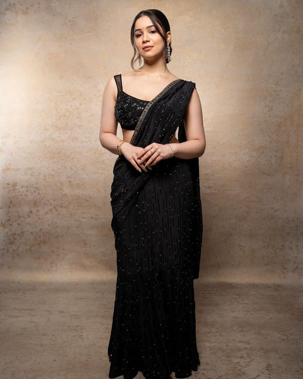 Sara Tendulkar Black Saree for Women Indian Bollywood Celebrity Ready to Wear Lehenga Saree