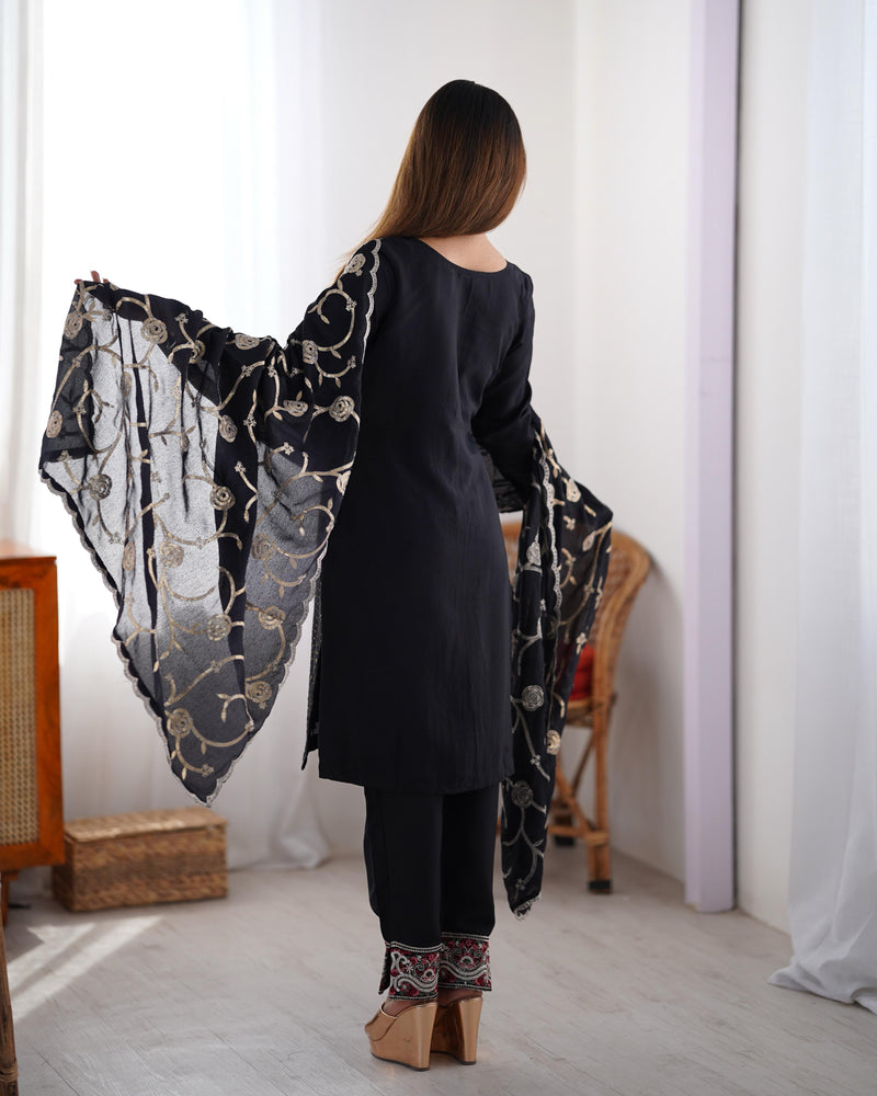 Black Color Chinon Silk Three Piece Kurti Suit