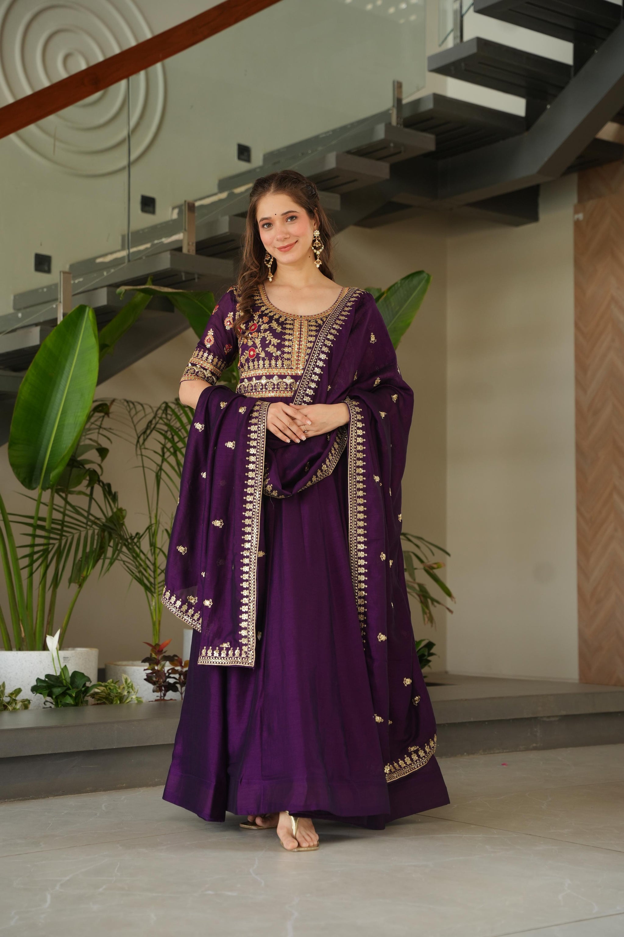 Wine Color Vichitra Silk Embroidered Gown