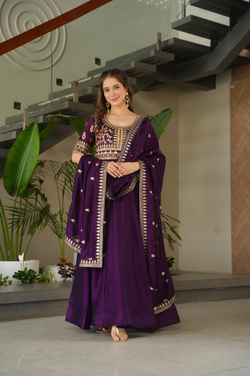 Wine Color Vichitra Silk Embroidered Gown
