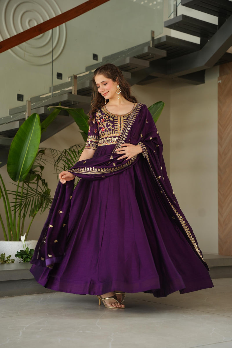 Wine Color Vichitra Silk Embroidered Gown
