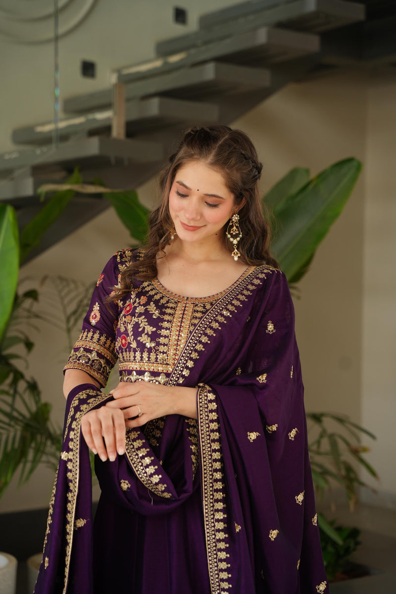 Wine Color Vichitra Silk Embroidered Gown