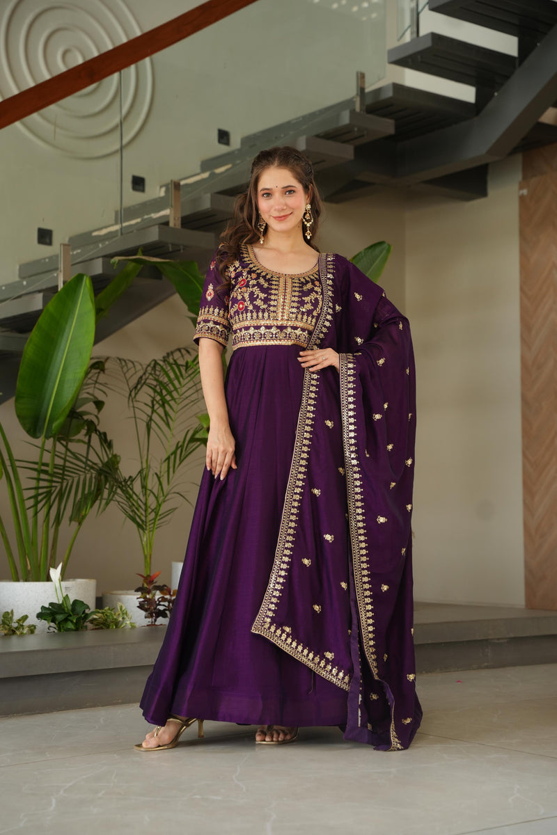 Wine Color Vichitra Silk Embroidered Gown