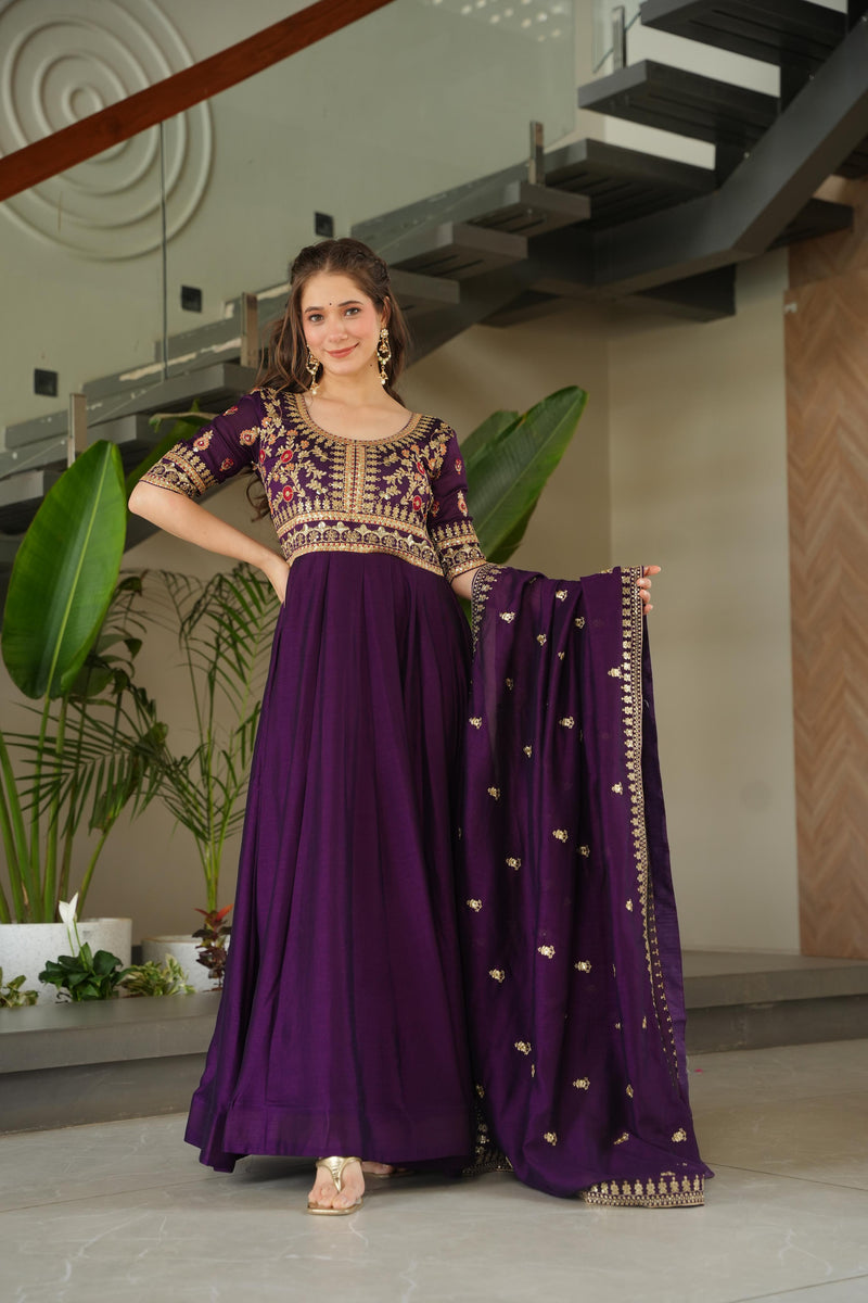 Wine Color Vichitra Silk Embroidered Gown
