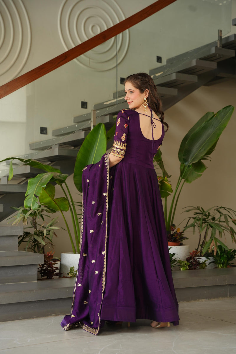 Wine Color Vichitra Silk Embroidered Gown