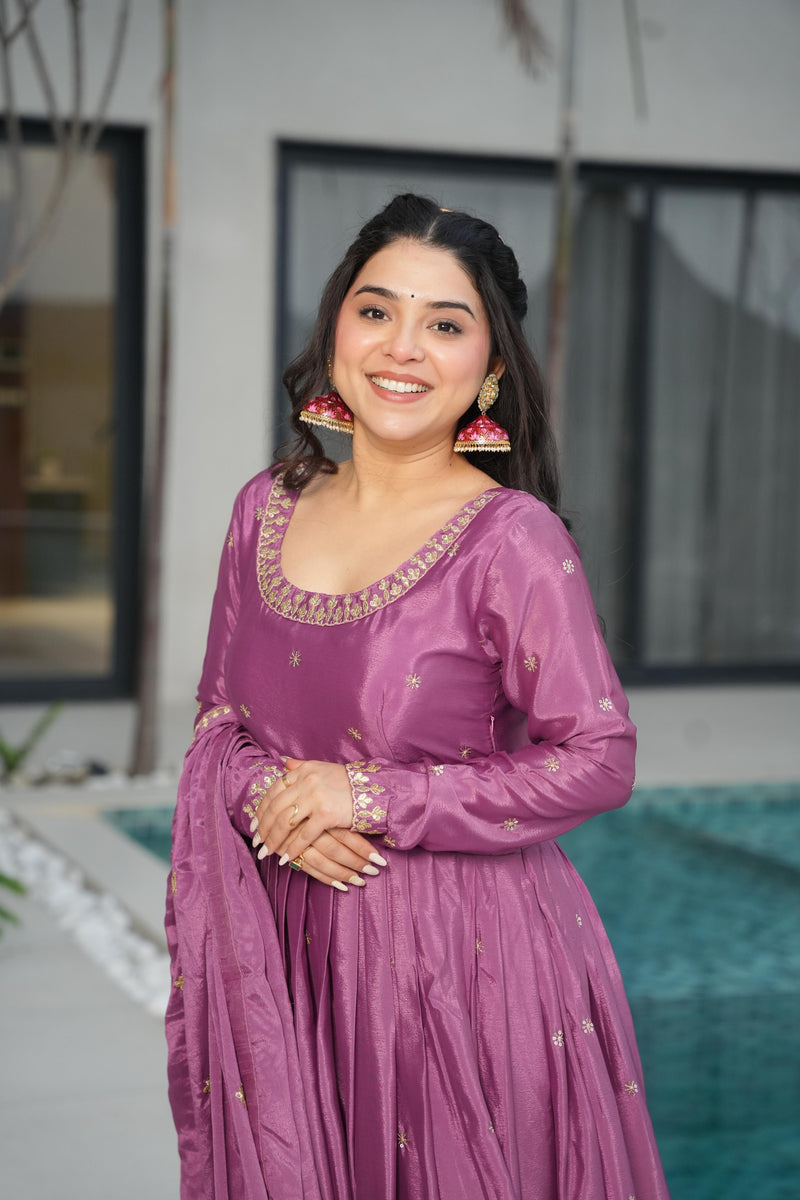 Onion Color Chinon Silk Sequins Embroidered Gown