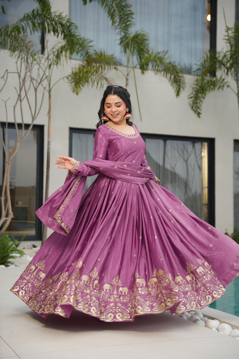 Onion Color Chinon Silk Sequins Embroidered Gown
