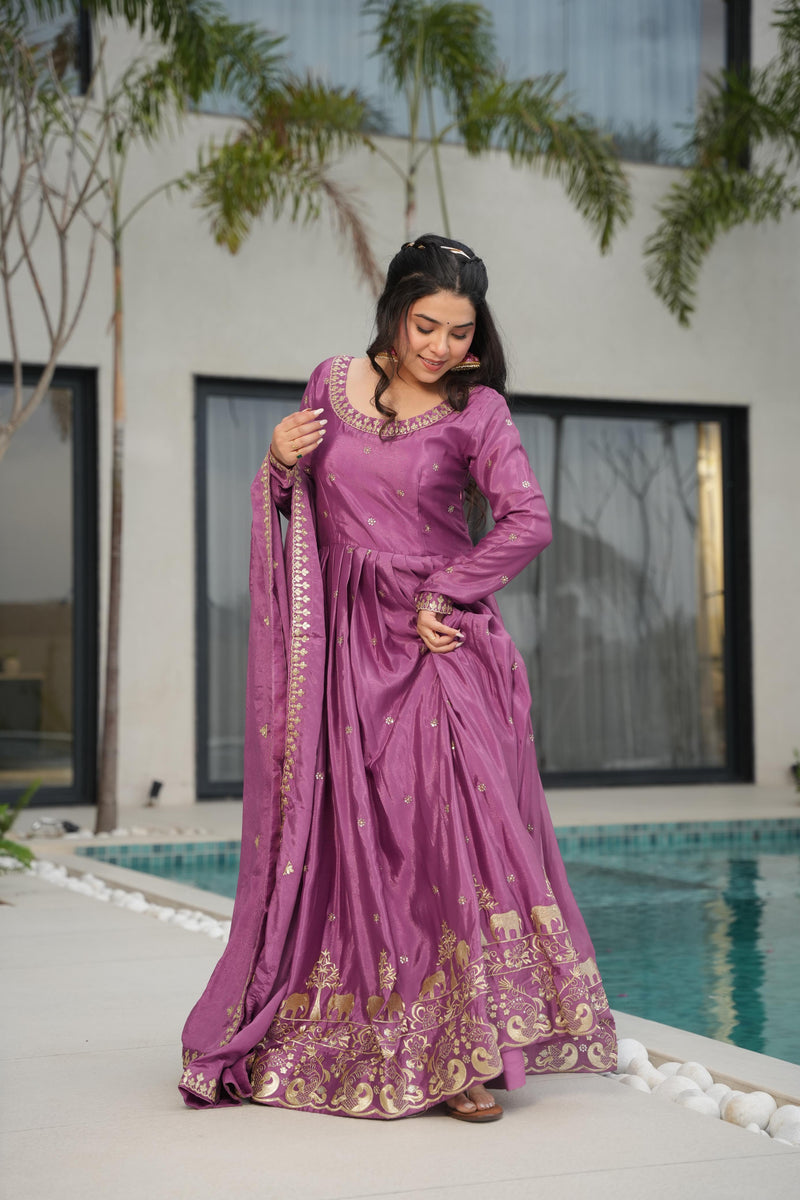 Onion Color Chinon Silk Sequins Embroidered Gown