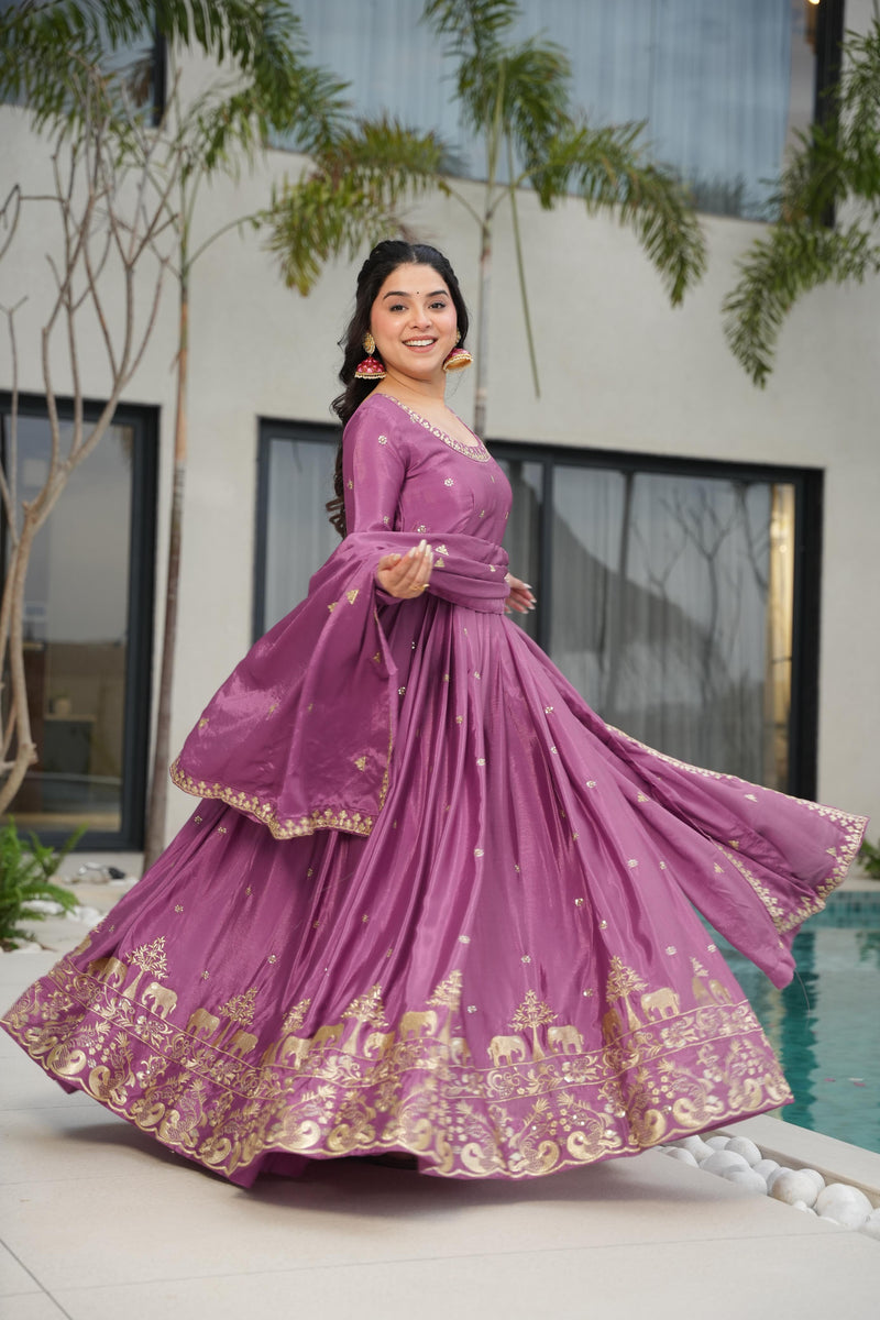 Onion Color Chinon Silk Sequins Embroidered Gown