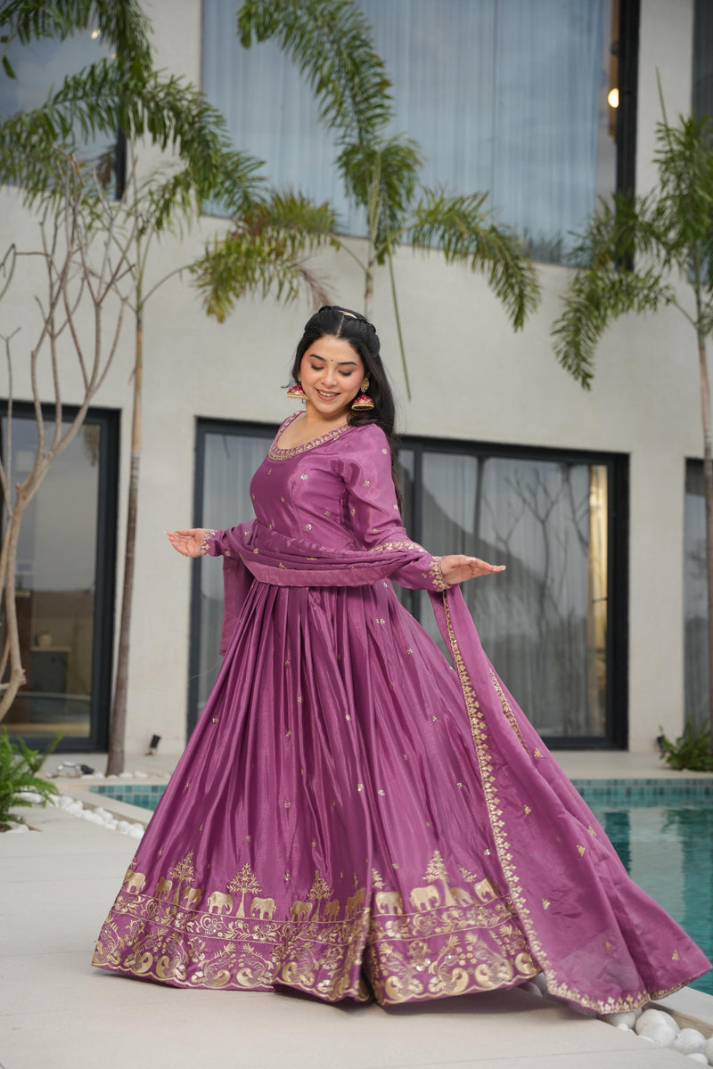 Onion Color Chinon Silk Sequins Embroidered Gown
