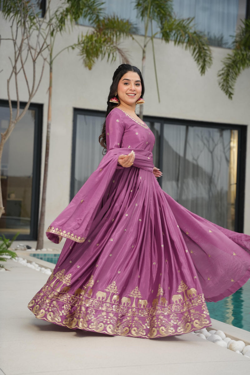 Onion Color Chinon Silk Sequins Embroidered Gown