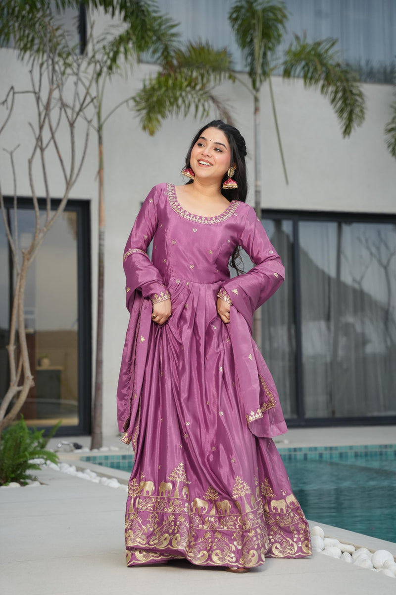 Onion Color Chinon Silk Sequins Embroidered Gown