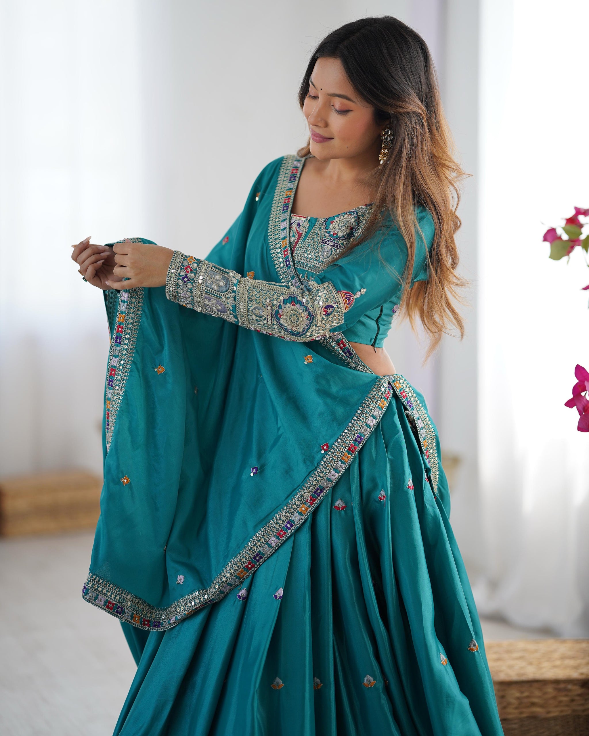 Bottle Green Color Natural Crepe silk Lehenga Choli