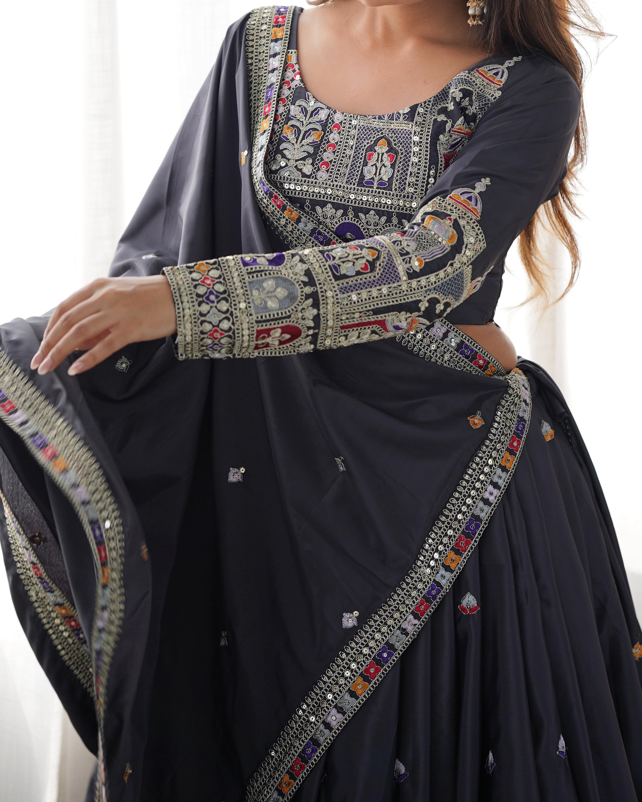 Black Color Natural Crepe silk Lehenga Choli