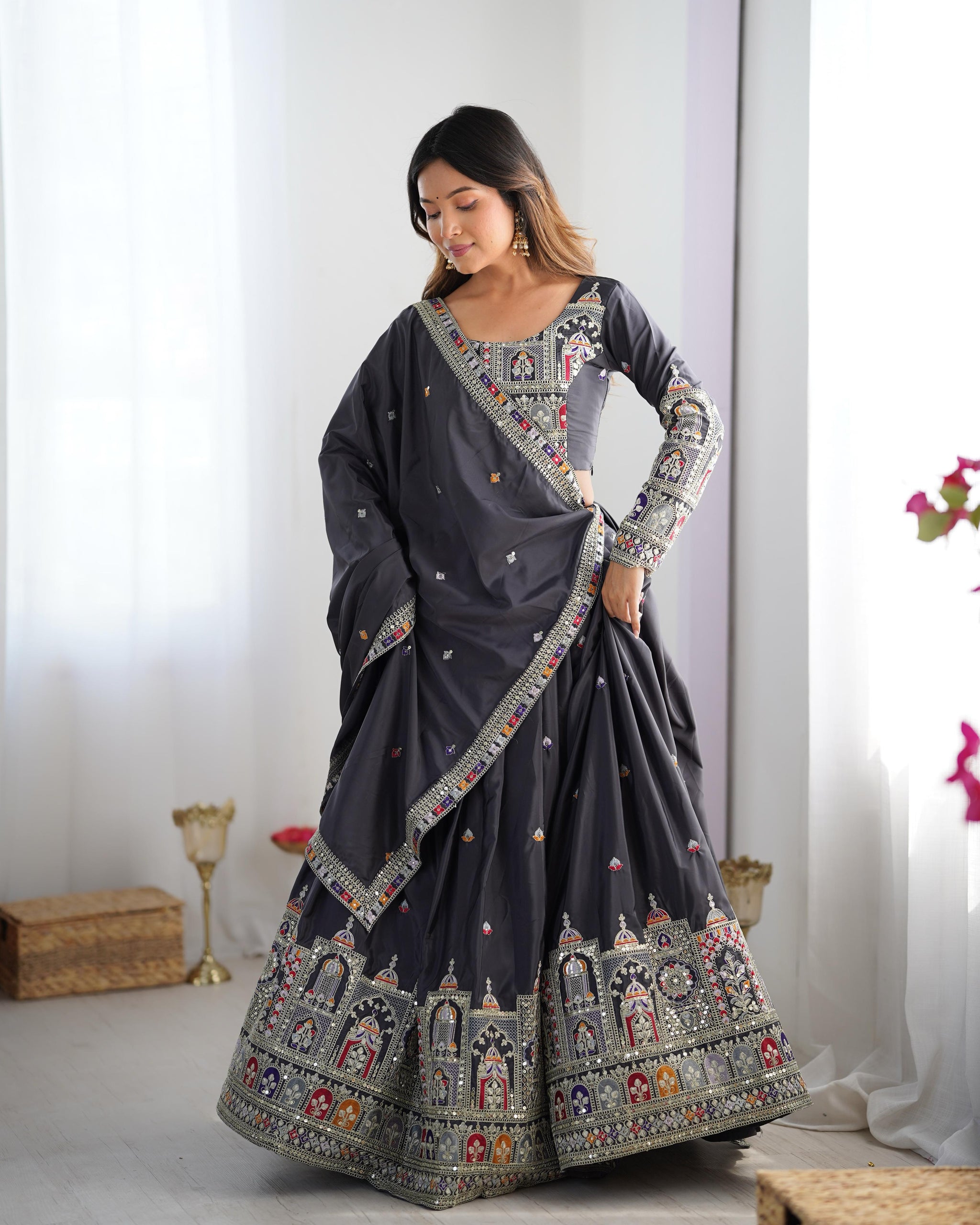 Black Color Natural Crepe silk Lehenga Choli