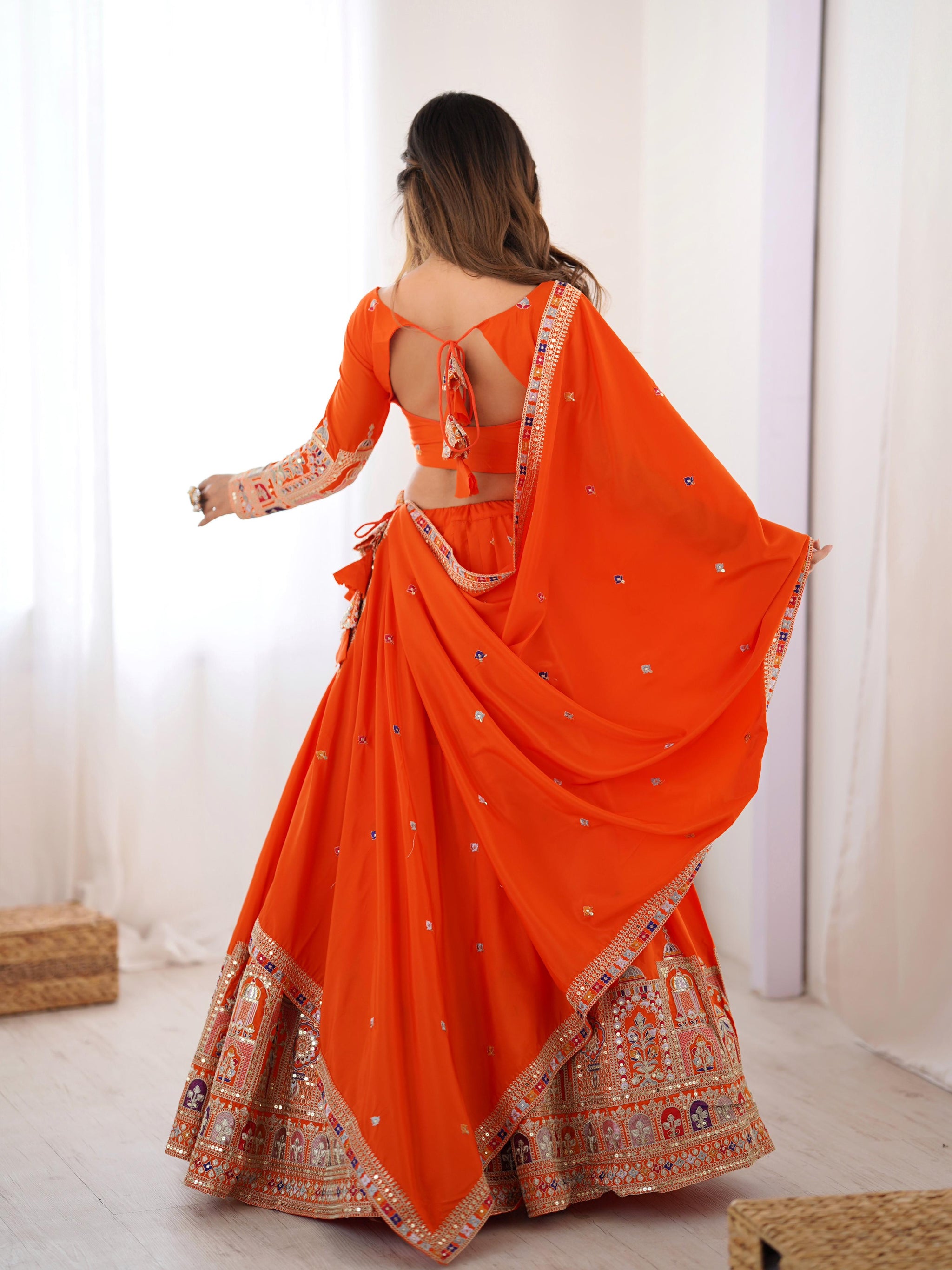 Orange Color Natural Crepe silk Lehenga Choli