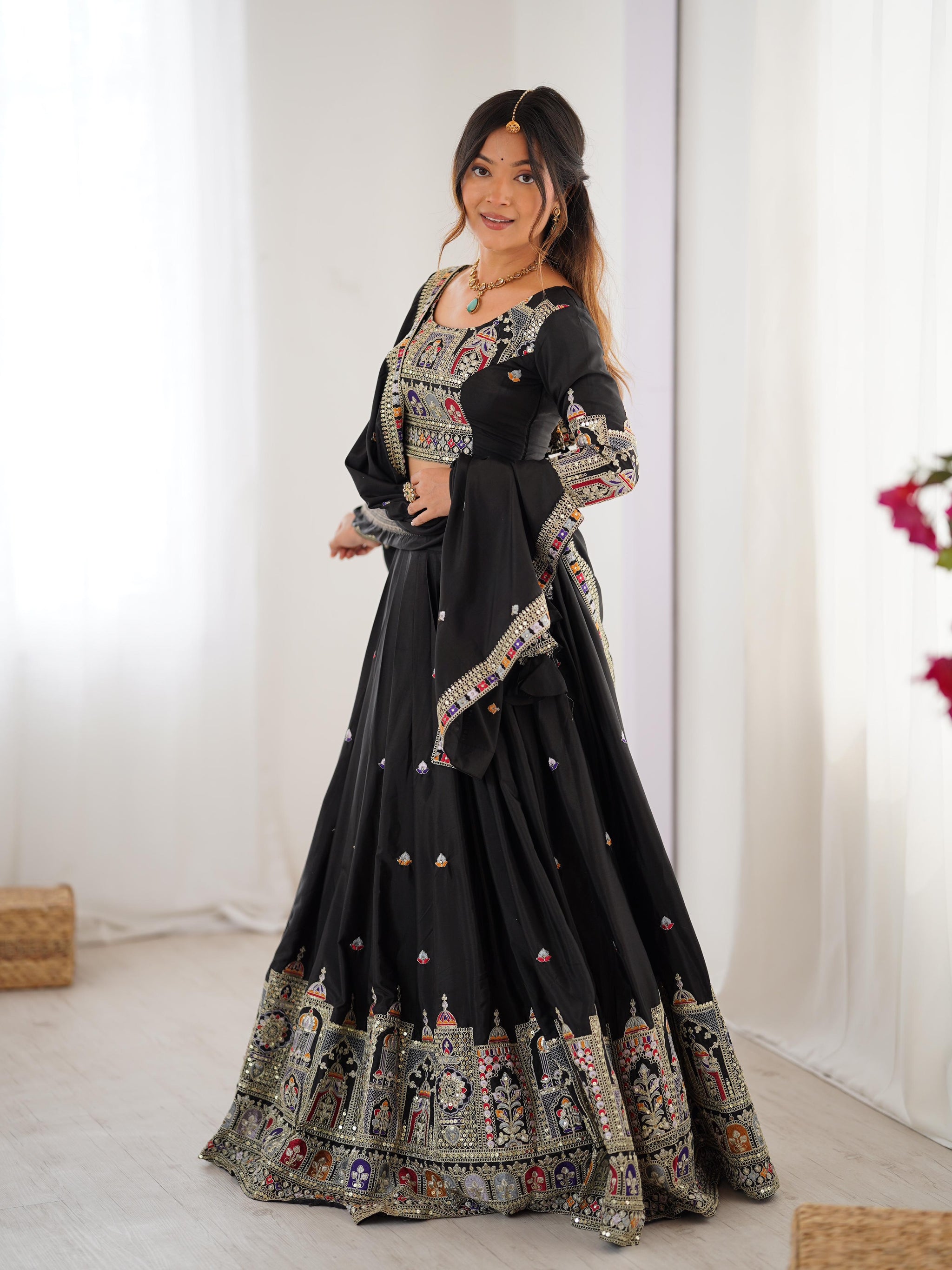 Black Color Natural Crepe silk Lehenga Choli