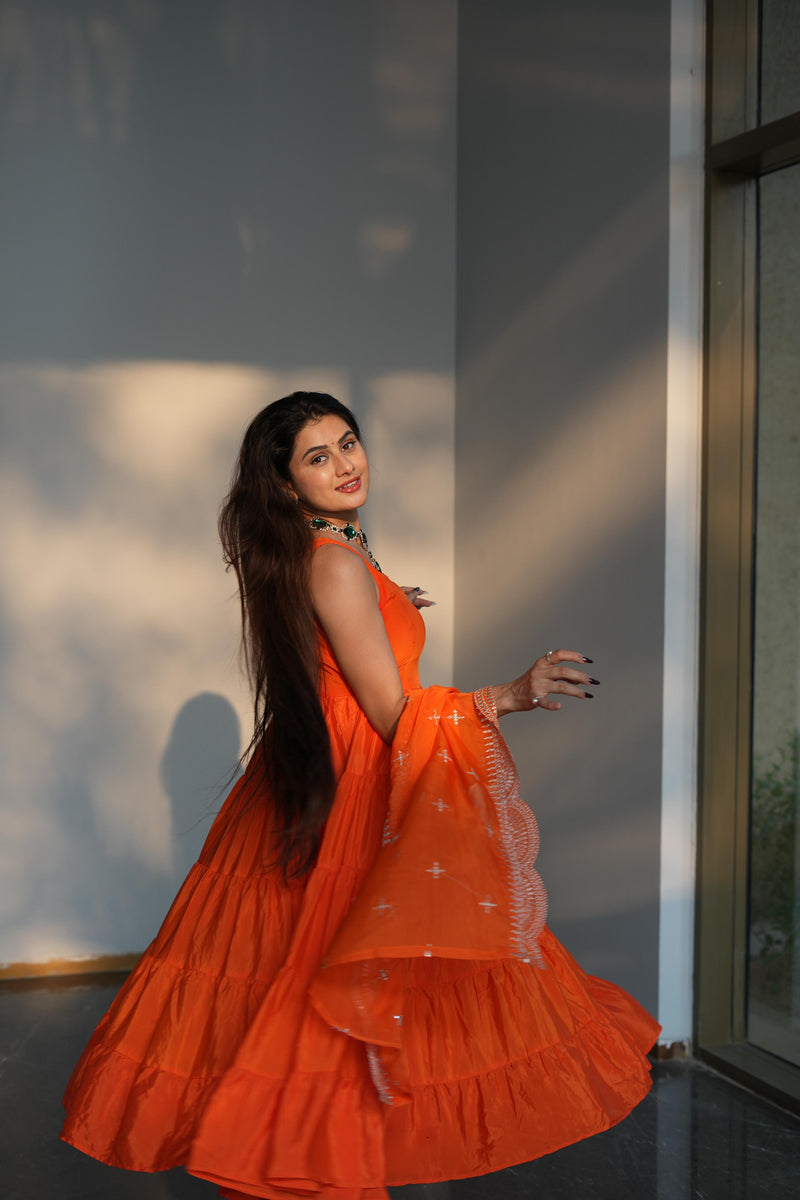 Diksha Pawar Orange Color Ruffle Flair Anarkali Gown