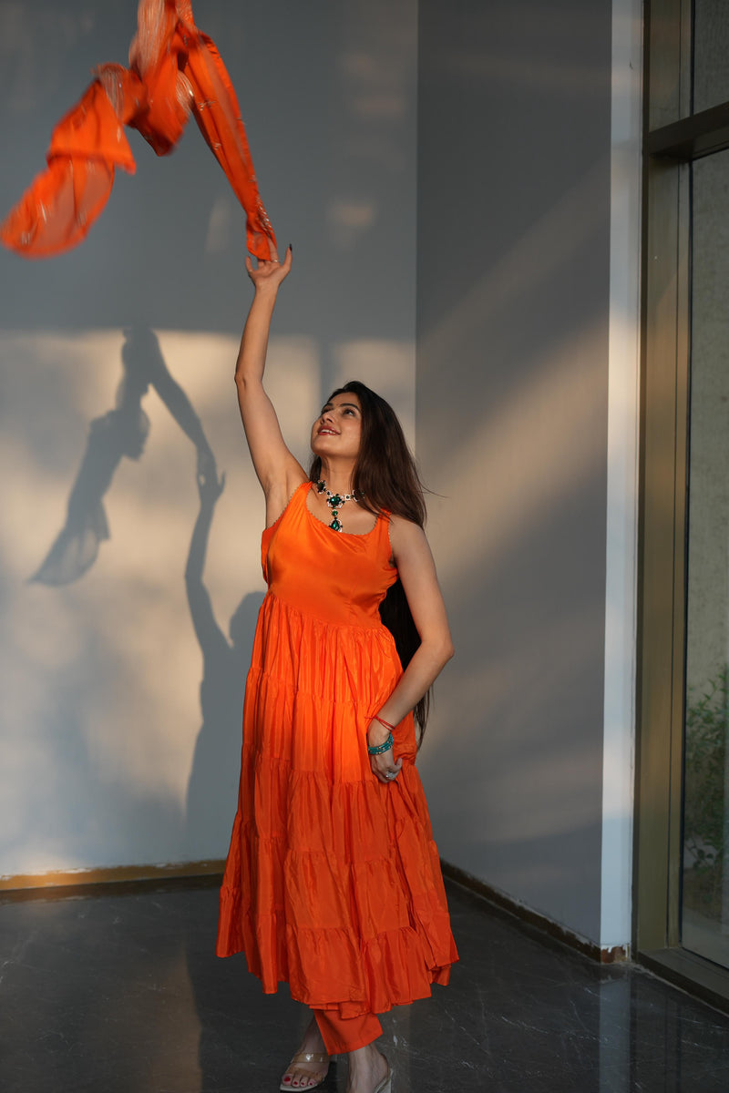 Diksha Pawar Orange Color Ruffle Flair Anarkali Gown