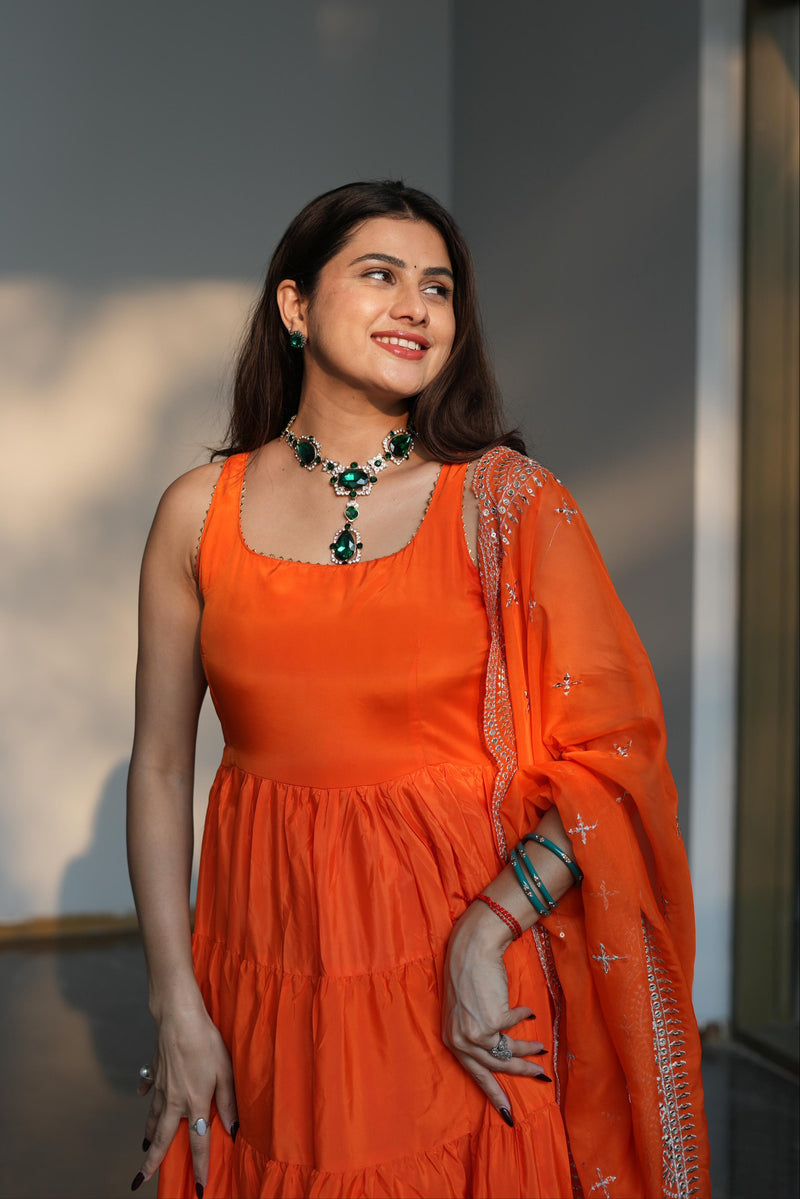 Diksha Pawar Orange Color Ruffle Flair Anarkali Gown