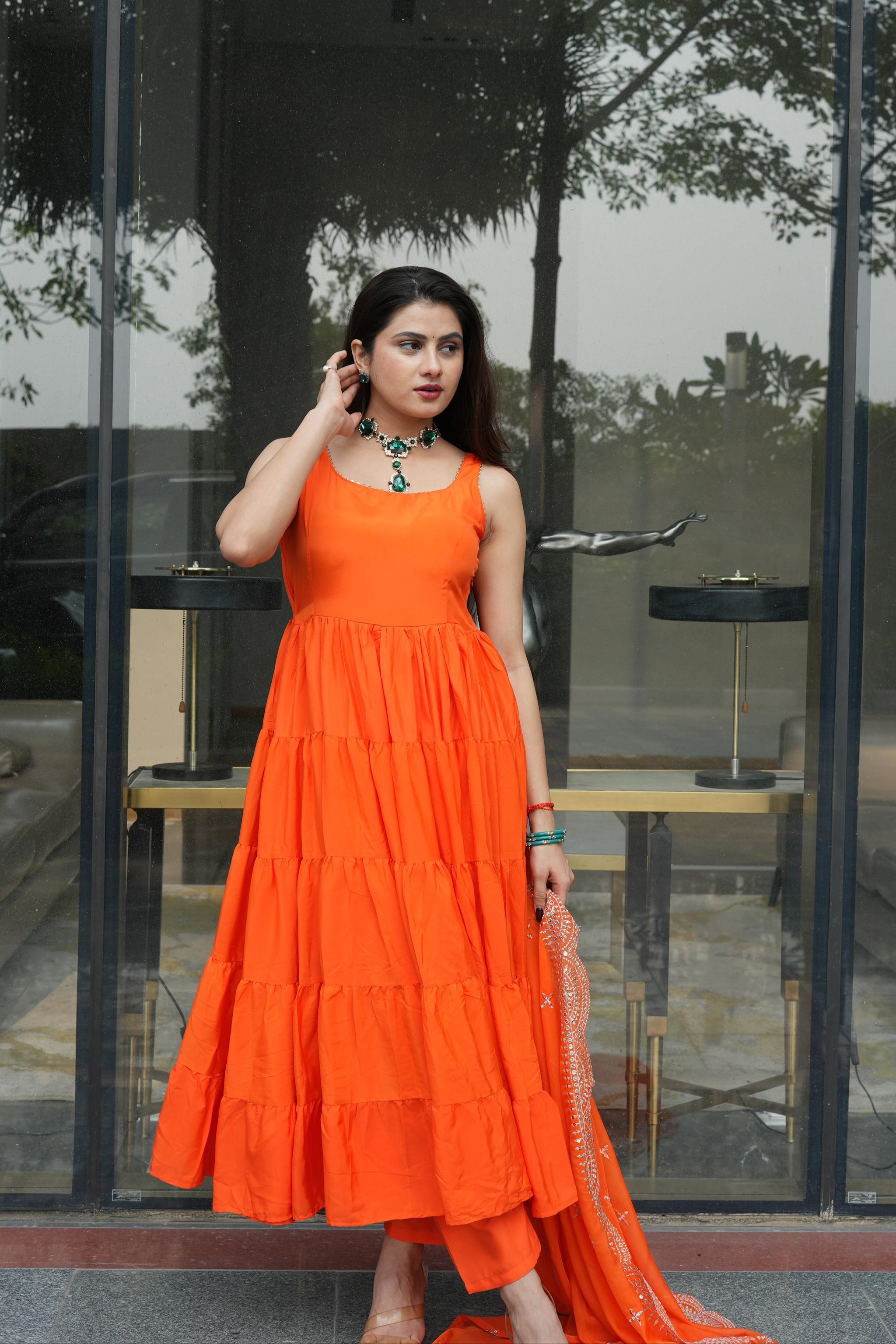 Diksha Pawar Orange Color Ruffle Flair Anarkali Gown