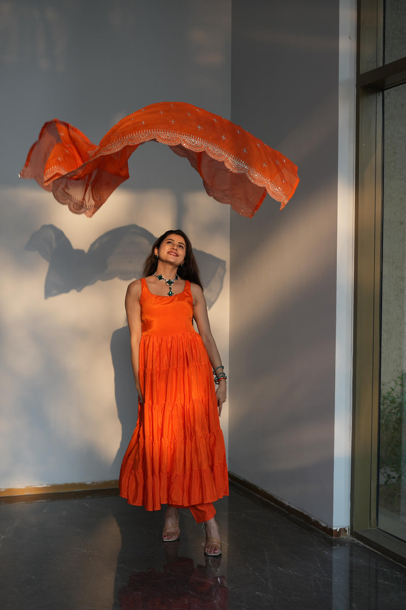 Diksha Pawar Orange Color Ruffle Flair Anarkali Gown