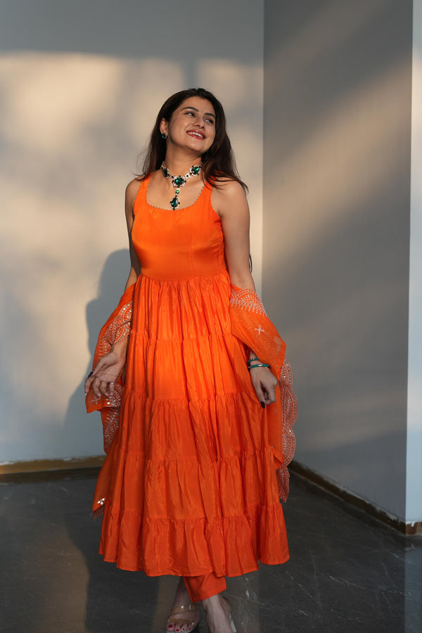 Diksha Pawar Orange Color Ruffle Flair Anarkali Gown