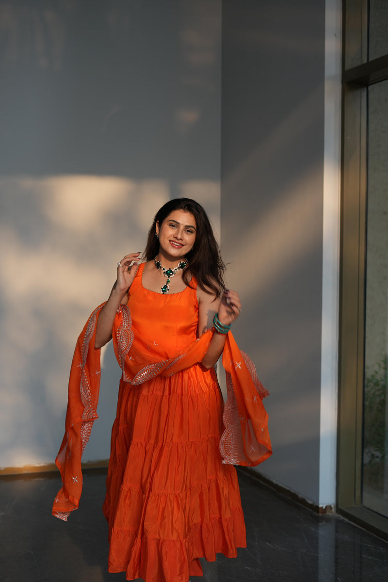 Diksha Pawar Orange Color Ruffle Flair Anarkali Gown