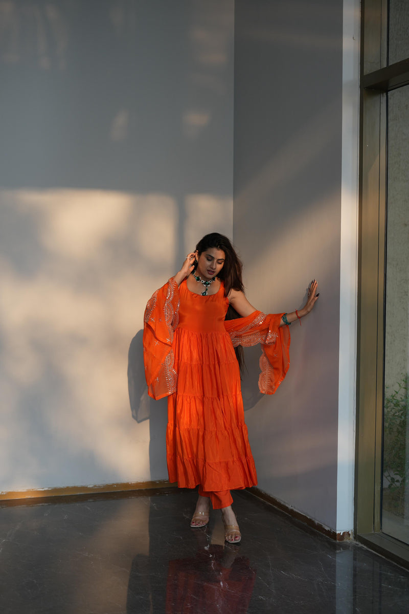 Diksha Pawar Orange Color Ruffle Flair Anarkali Gown