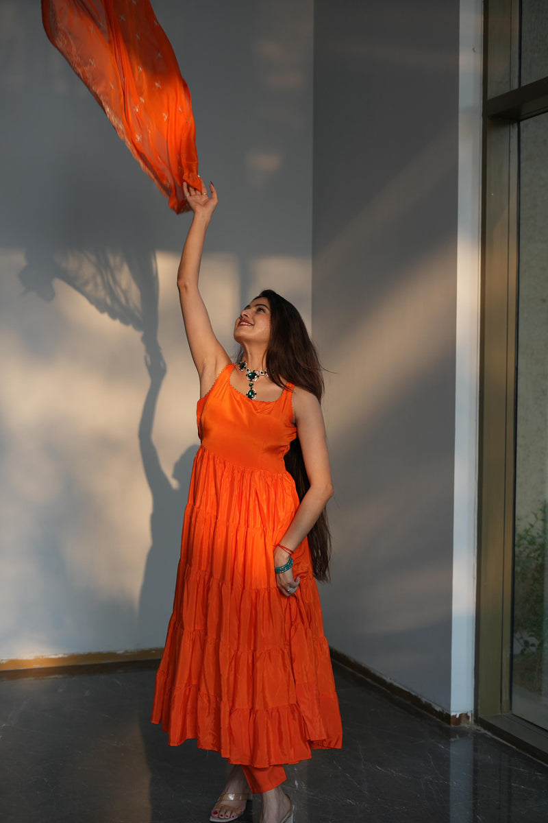 Diksha Pawar Orange Color Ruffle Flair Anarkali Gown