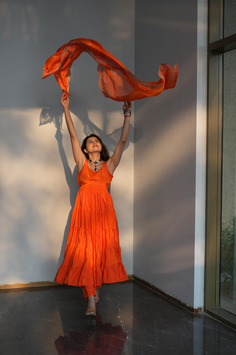 Diksha Pawar Orange Color Ruffle Flair Anarkali Gown