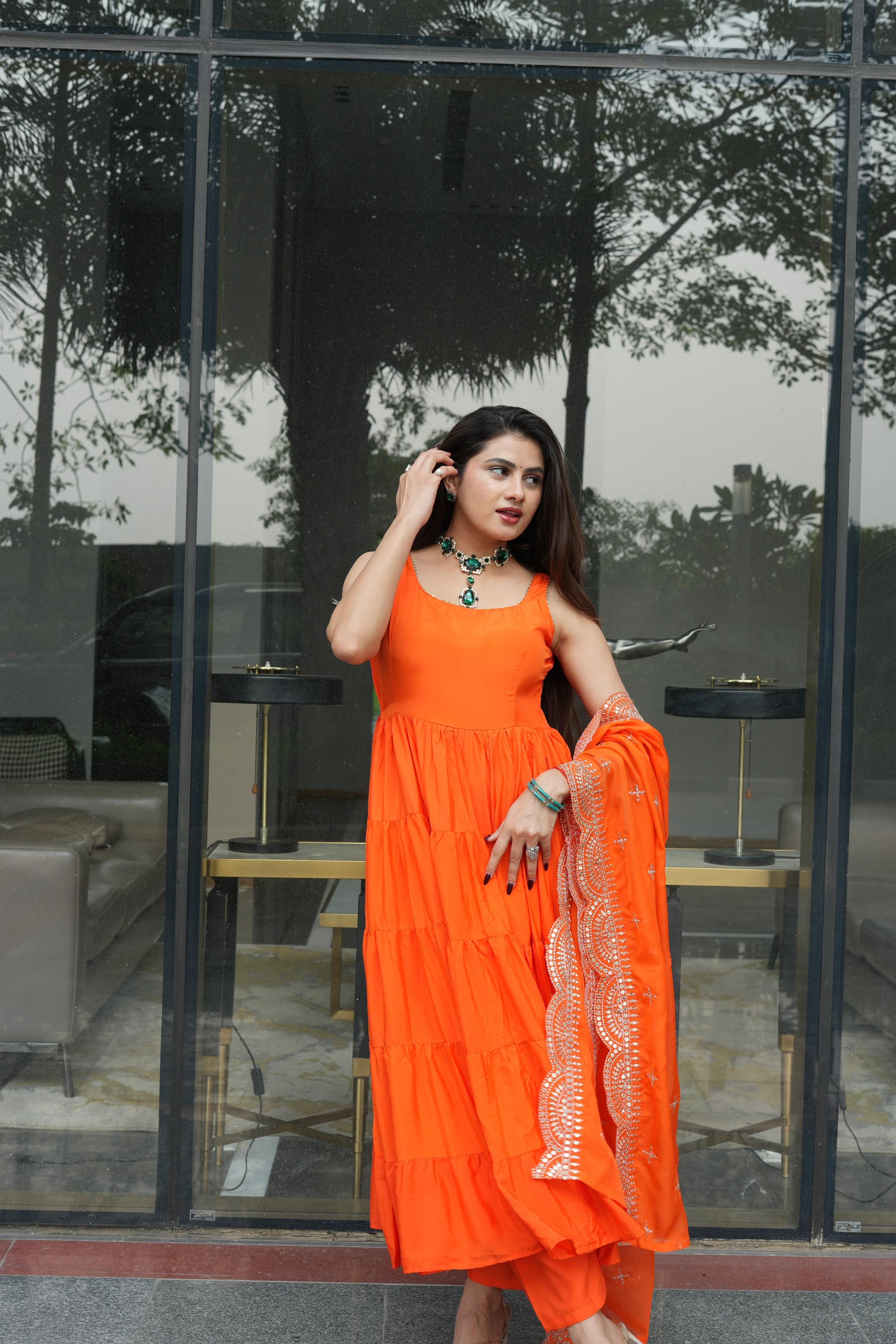 Diksha Pawar Orange Color Ruffle Flair Anarkali Gown