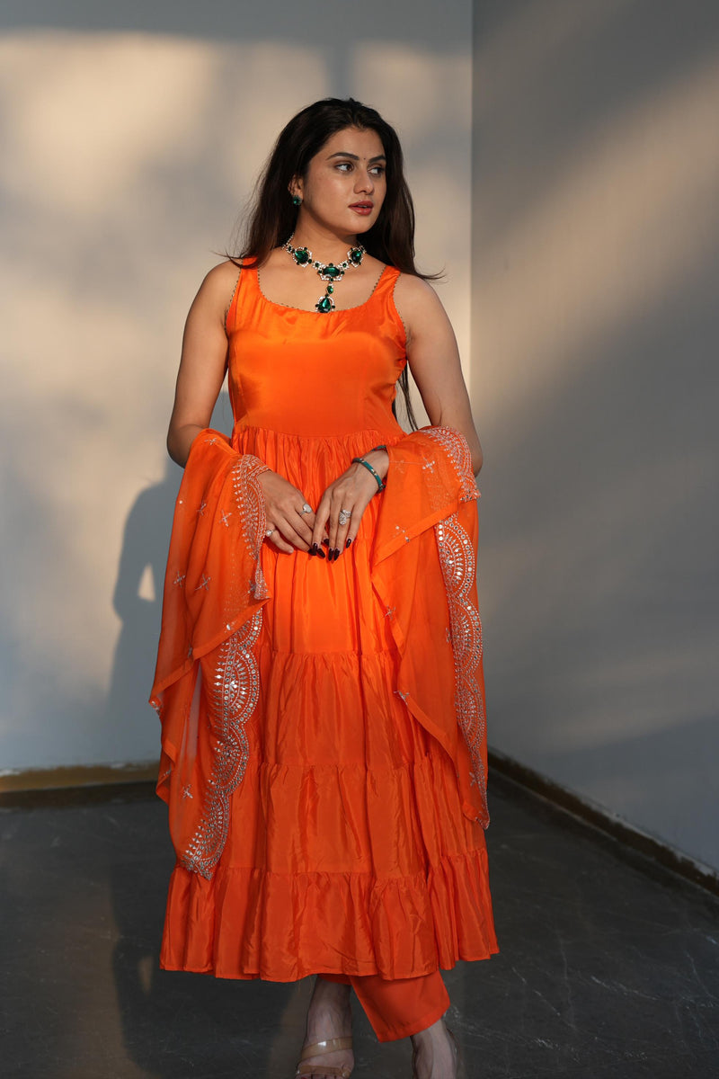 Diksha Pawar Orange Color Ruffle Flair Anarkali Gown