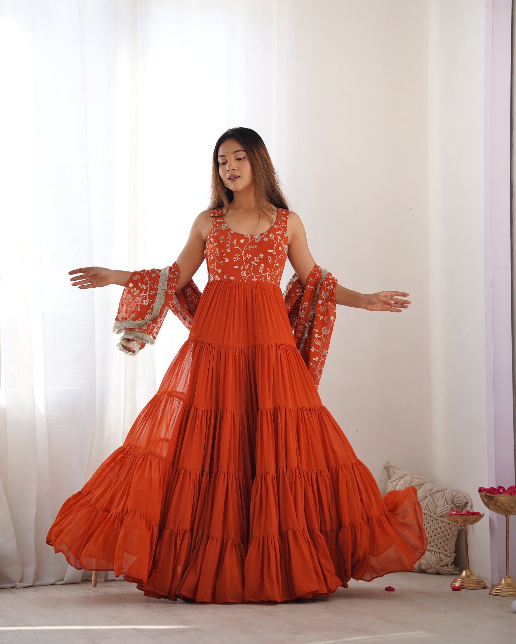 orange georgette dress Yellow & Orange Georgette Floral Printed Party Wear Anarkali Set by Harshita Singhvi at Pernia's Pop Up Shop 2026